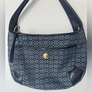 Vintage Coach Blue Signature Canvas Shoulder Bag with Navy Leather Trim
